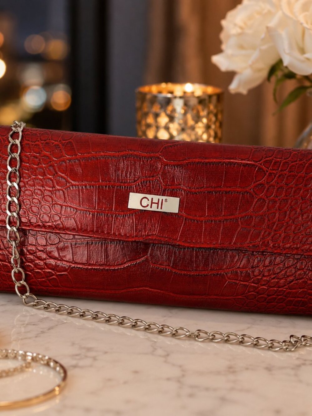 CHI Red Croc Embossed Clutch Shoulder Bag - Picture 1 of 9